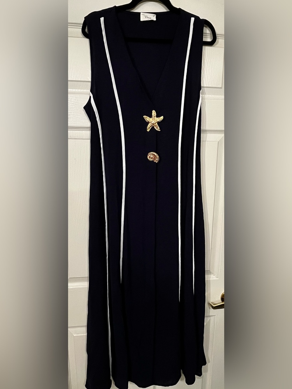 Navy V-Neck Maxi Dress with White Stripe Accents - Picture 5 of 6